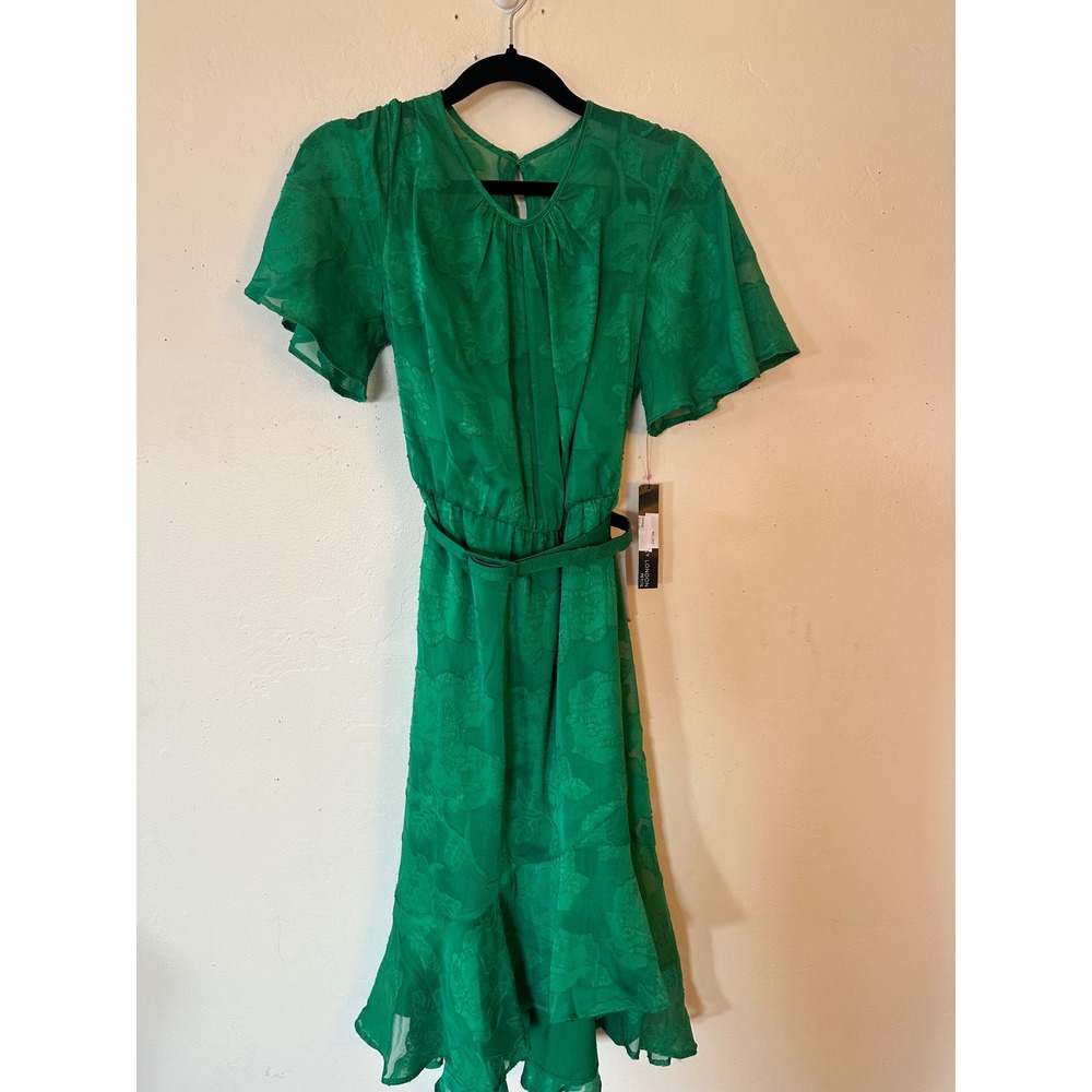 Maggy London Petite Green Floral Burnout Ruffle Midi Dress Belted 4P NWT
